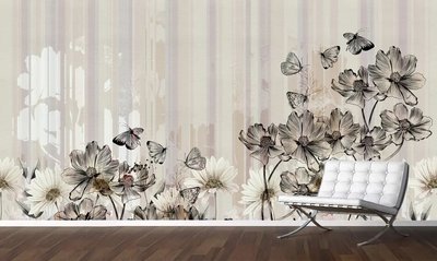 Цветы и бабочки на бежевом полосатом фоне TSv889 фото