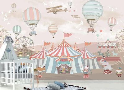 Цирк с животными, карусели и воздушные шары на пудровом фоне Fot439 фото