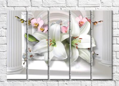 Белые лилии и розовые орхидеи на фоне туннеля с колоннами 3D5489 фото