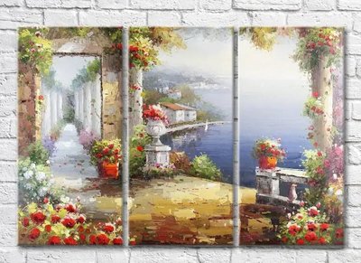Триптих Набережная вдоль моря с цветочными горшками Sre7539 фото