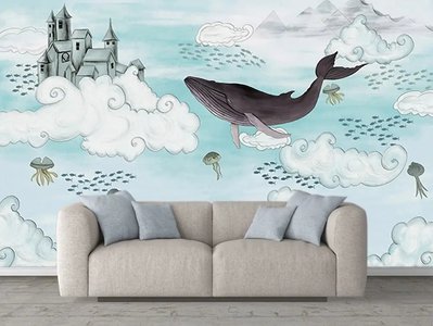 Замок и кит в облаках на бирюзовом фоне воды Akv1389 фото