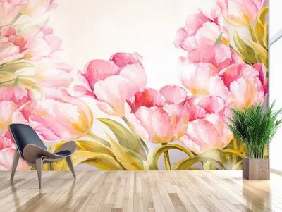 Фотообои Розовые тюльпаны на светлом фоне, авкарель Flo1689 фото