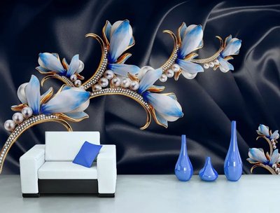 Fototapet Broșă aurie cu flori albastre și strasuri pe un fundal de mătase închisă 3D4639 фото