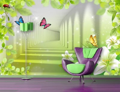 Яркий салатовый туннель и бабочки 3D189 фото