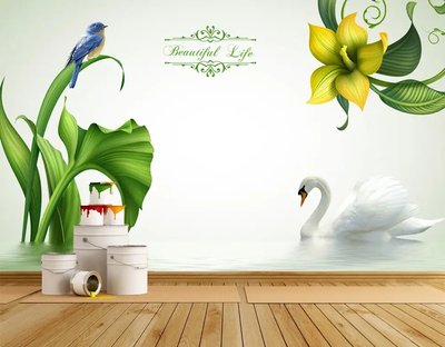 3Д фотообои, лебедь и синяя птичка на фоне цветов от 320 MDL онлайн в Кишиневе 3D3839 фото