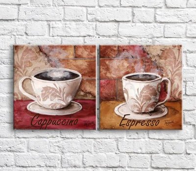 Картина Чашка горячего кофе на фоне кирпичной стены, диптих Eda8389 фото