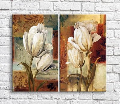 Картина Белые тюльпаны маслом на фоне абстракции, диптих TSv10539 фото