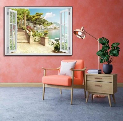 Наклейка на стену, 3D-окно с видом на город на берегу моря с цветами W143 фото