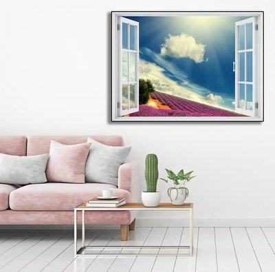 Наклейка на стену, 3D-окно с видом на лавандовую равнину W93 фото