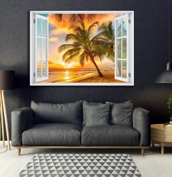 Наклейка на стену, Окно с видом на пляж заката W193 фото