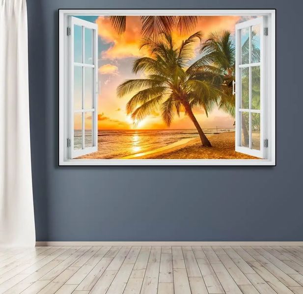 Наклейка на стену, Окно с видом на пляж заката W193 фото