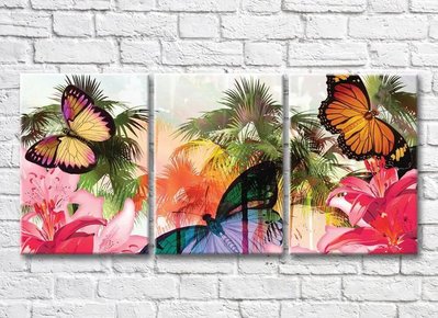 Триптих Бабочки и лилии на фоне тропических растений 3D7748 фото