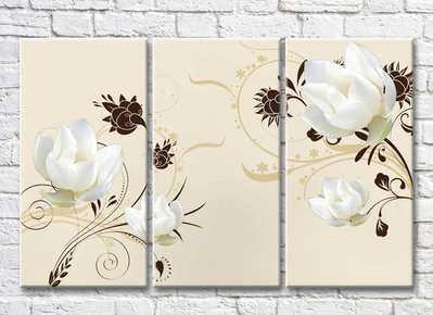 Triptic flori albe pe fond bej 3D7948 фото