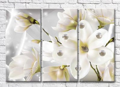 Триптих Крупный цветок белой магнолии и жемчужины 3D7848 фото