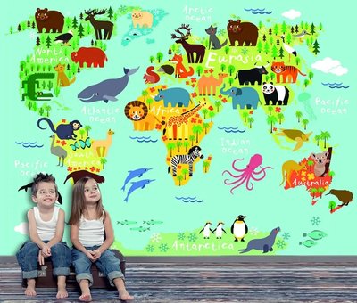 Harta lumii pentru copii cu animale colorate Det1048 фото