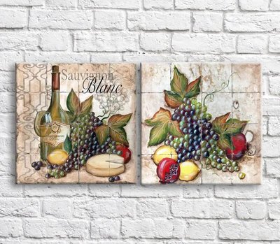 Картина Вино, сыр и фрукты на фоне узоров, диптих Eda8298 фото