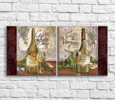 Картина Бутылка белого вина и виноград на фоне архитектуры, диптих Eda8398 фото