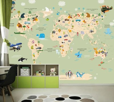 Бежевые материки на зеленом фоне карты мира с животными Fot498 фото