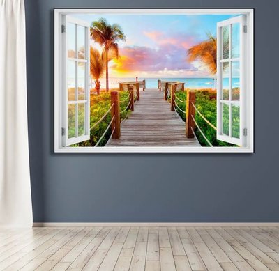 Наклейка на стену, 3D-окно с видом на пляж заката W184 фото