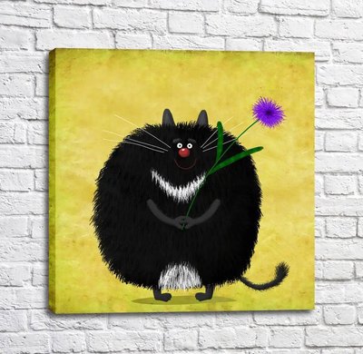 Постер Круглый черный кот с цветочком Kot16972 фото