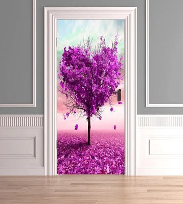 3Д наклейка на дверь, Розовое дерево в виде сердца D219 фото
