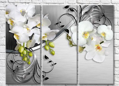 Триптих Белые фетки орхидеи на серебристом фоне 3D7949 фото