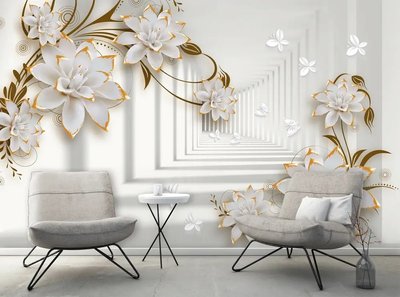 Flori 3D albe aurii, tunel gri 3D199 фото