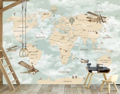 Harta lumii pentru copii pe un fundal de cer verde deschis cu avioane Det1049 фото