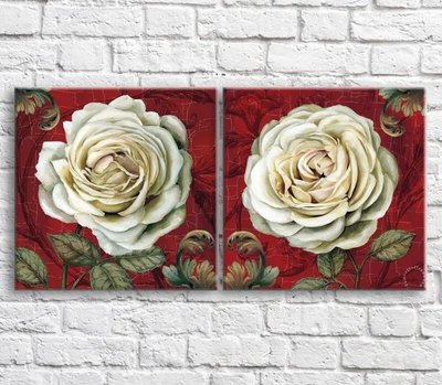 Картина Бутон белой розы на красном фоне с узорами, диптих TSv10399 фото
