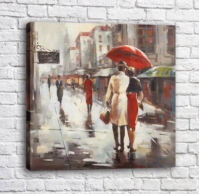 Постер Парочка гуляет с зонтом под дождем Fig16669 фото