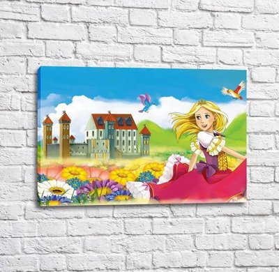 Постер Принцесса на фоне поля разноцветных цветов и замка Mul16369 фото
