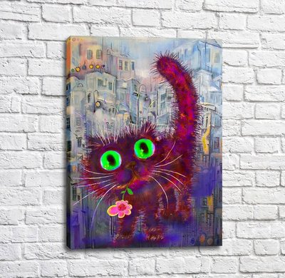 Poster Pisică cu ochi verzi cu o floare pe fundalul caselor Kot17027 фото
