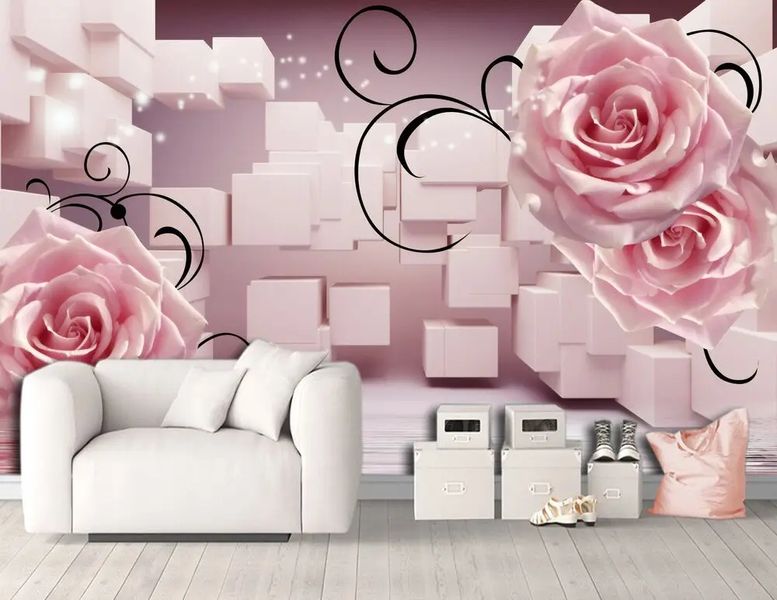Фотообои Крупные цветки розы и кубы на розовом фоне 3D3649 фото