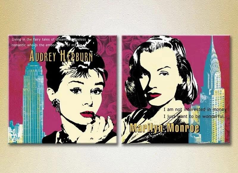 Diptic al lui Audrey Hepber și Marilyn Monroe, Stilizare pe un fundal purpuriu Lyu6949 фото