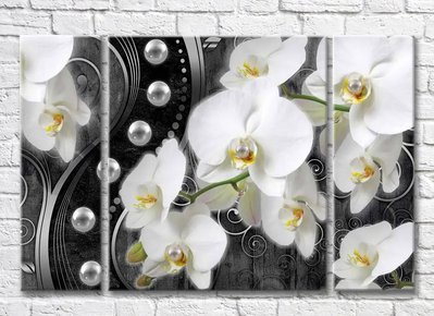 Триптих Белая орхидея с жемчужинами на темном фоне 3D7750 фото