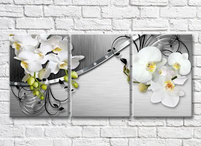 Триптих Ветки белых орхидей на фоне серого металика 3D7900 фото