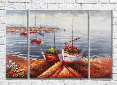 Триптих Лодка с цветами на берегу Sre7550 фото