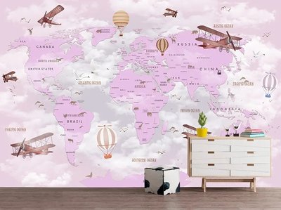 Детская карта мира на розовом фоне неба с летательными аппаратами Det1050 фото