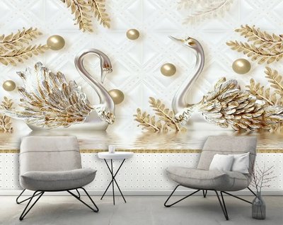 Фотообои 3Д серебрянные лебеди и золотистые ветки на светлом фоне от 320 MDL онлайн в Кишиневе 3D3350 фото