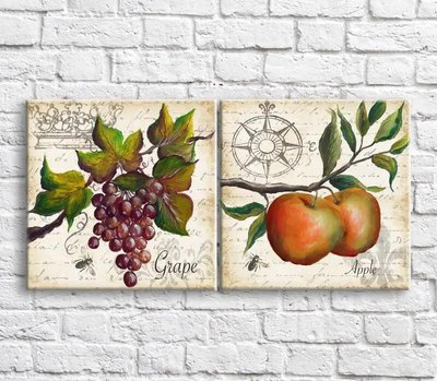 Картина Яблоки и виноград маслом на фоне текста, диптих Eda10600 фото