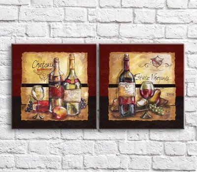 Картина Вино, сыр и фрукты в ретро стиле, диптих Eda8400 фото