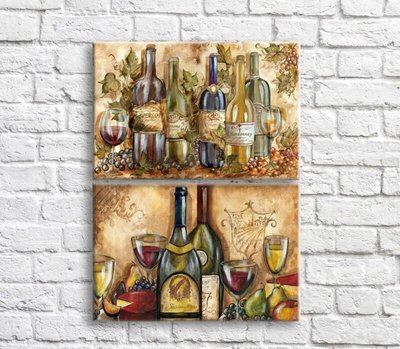 Картина Бутылки с вином, фрукты и сыр в ретро стиле, диптих Eda9350 фото
