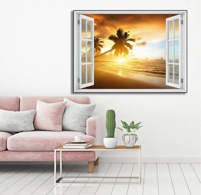 Наклейка на стену, 3D-окно с видом на море на рассвете W182 фото