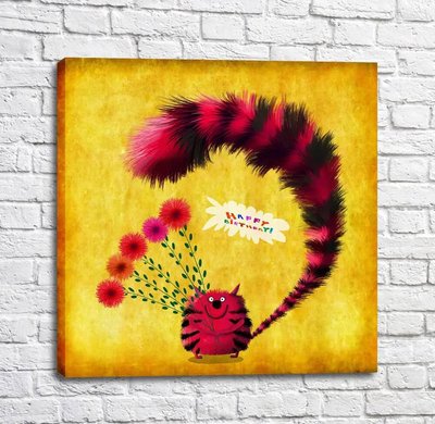 Poster Pisică tabby roz cu un buchet de flori Kot16974 фото
