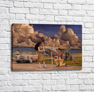Poster O fată și un fotograf pe fundalul unui avion și al unei mașini Put16920 фото