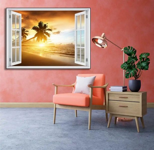 Наклейка на стену, 3D-окно с видом на море на рассвете W182 фото