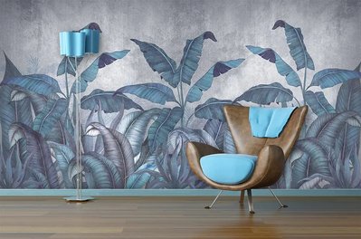 Frunze albastre de palmier, pe un perete gri TSv251 фото