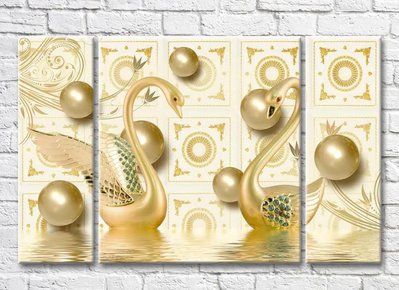 Триптих Золотые лебеди и шары на золотом фоне 3D7951 фото