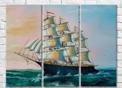 Триптих Рисованный корабль с белыми парусами Mor10001 фото