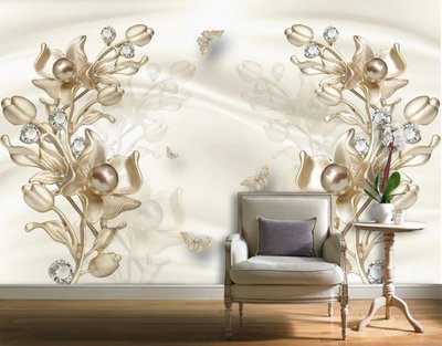 3Д фотообои,жемчужные цветы и бабочки на фоне шелка от 320 MDL онлайн в Кишиневе 3D3551 фото